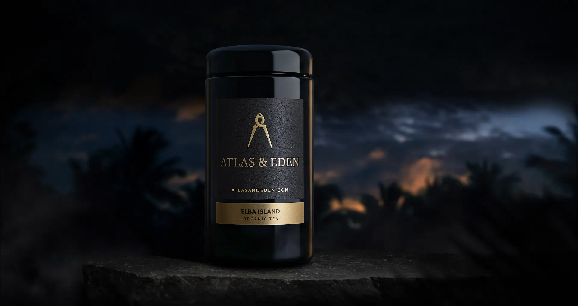 Atlas & Eden Elba Island organic tea jar on a rock ledge at dusk